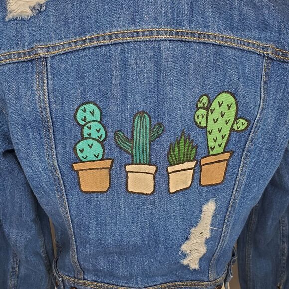 CACTUS cacti succulent hand painted distressed denim jacket M - Picture 2 of 8